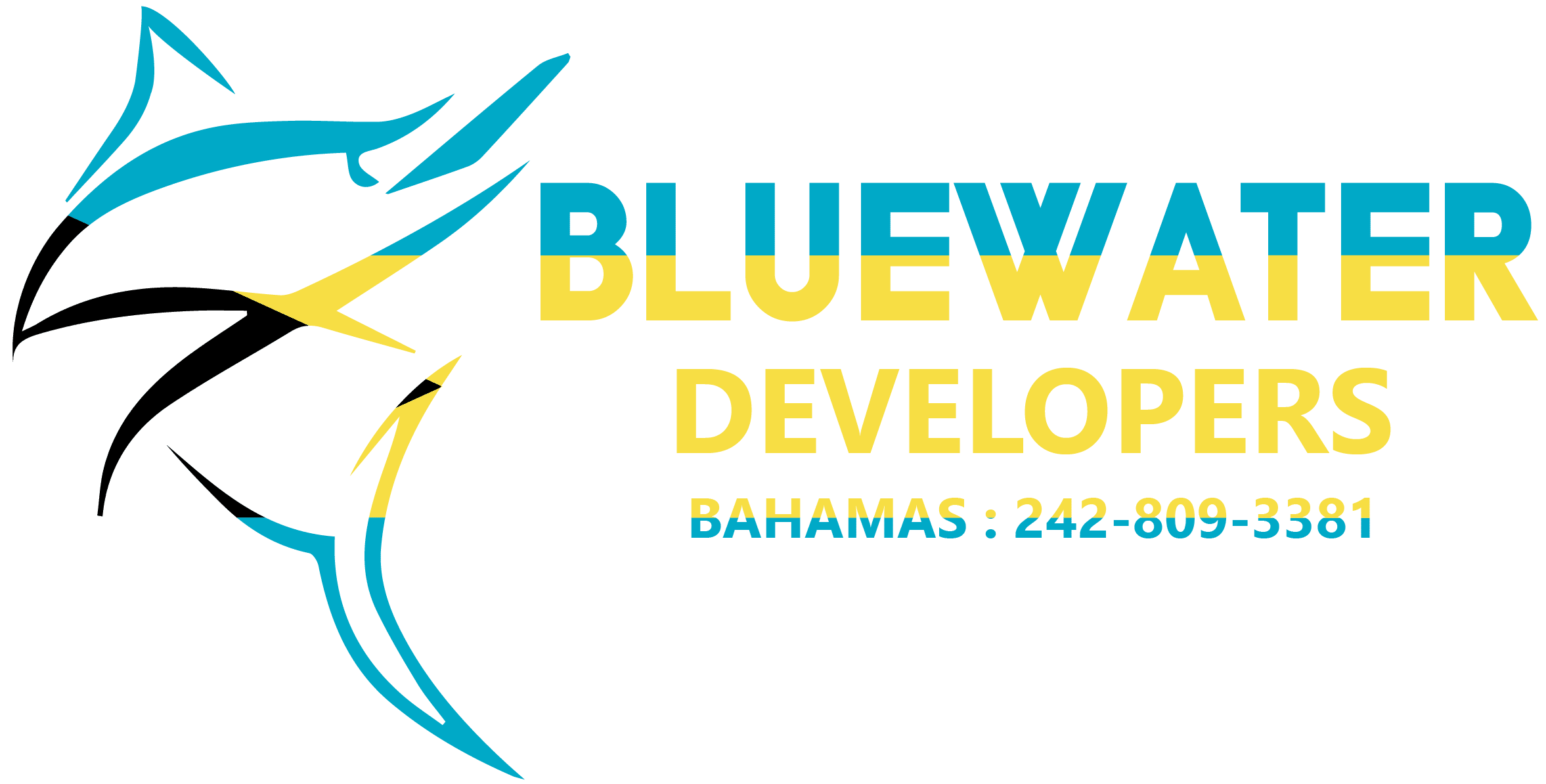 BWDLOGO Bluewater Developers logo with a stylized fish design in blue and yellow. Text reads, "Bluewater Developers, Bahamas: 242-809-3381.